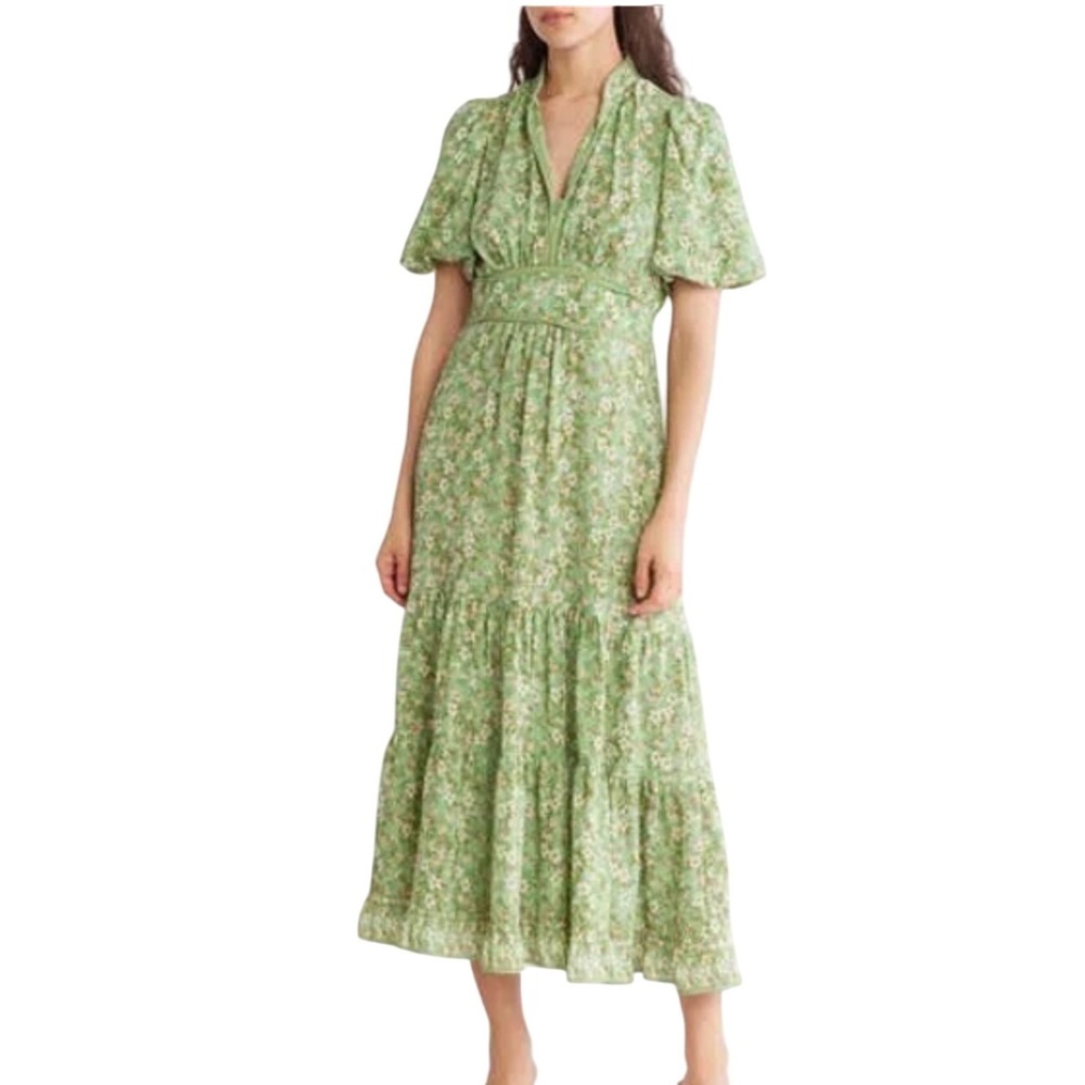 MAX STUDIO LONDON Floral Midi Dress Green Pink White Puff Sleeve V Neck XL NWT